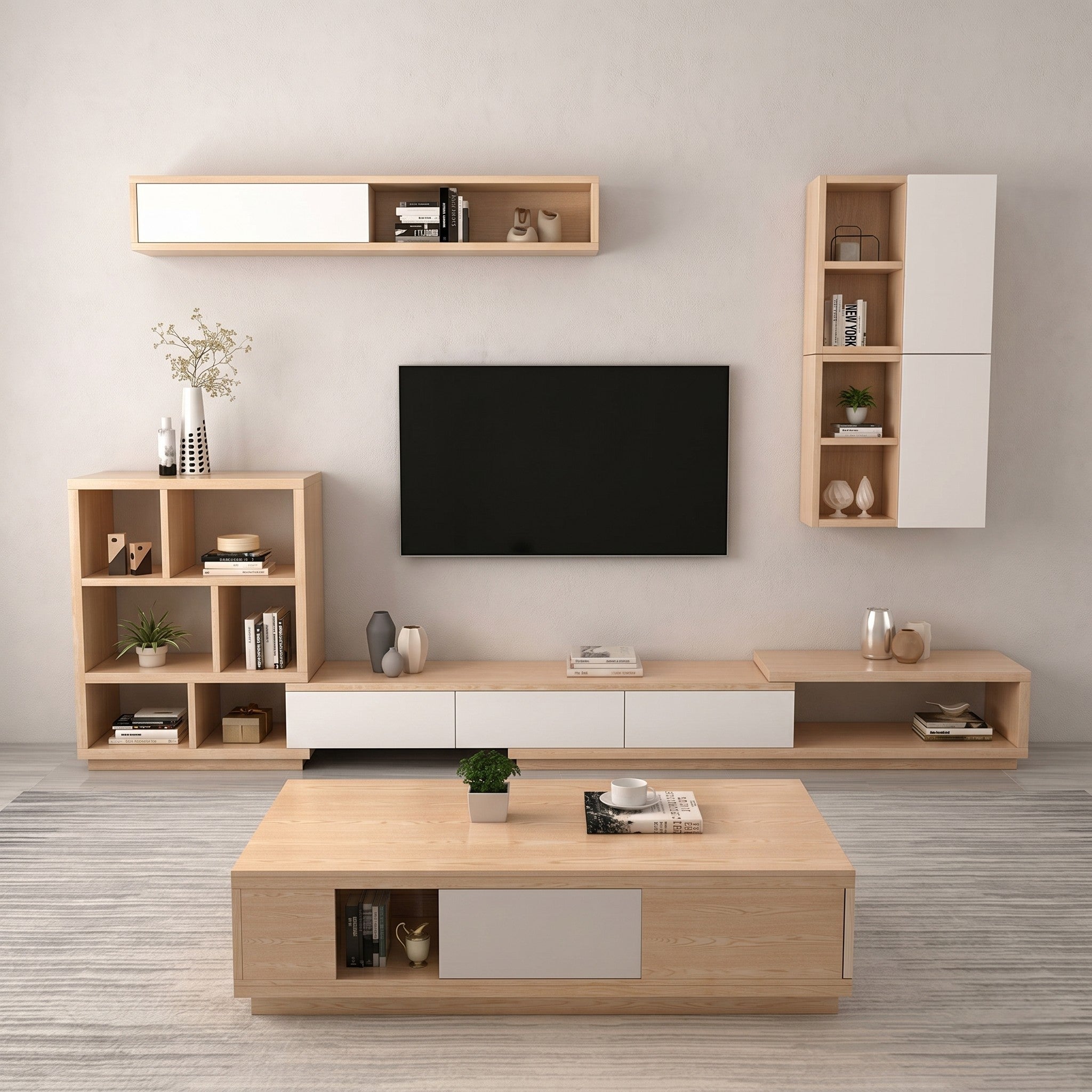 Light Oak & White Scandinavian TV Living Room Set with Open Bookshelf, Wall Cabinets and Coffee Table