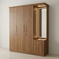 Walnut Four-Door Wardrobe with Integrated LED Vanity Mirror, Dressing Shelf and Lockable Doors