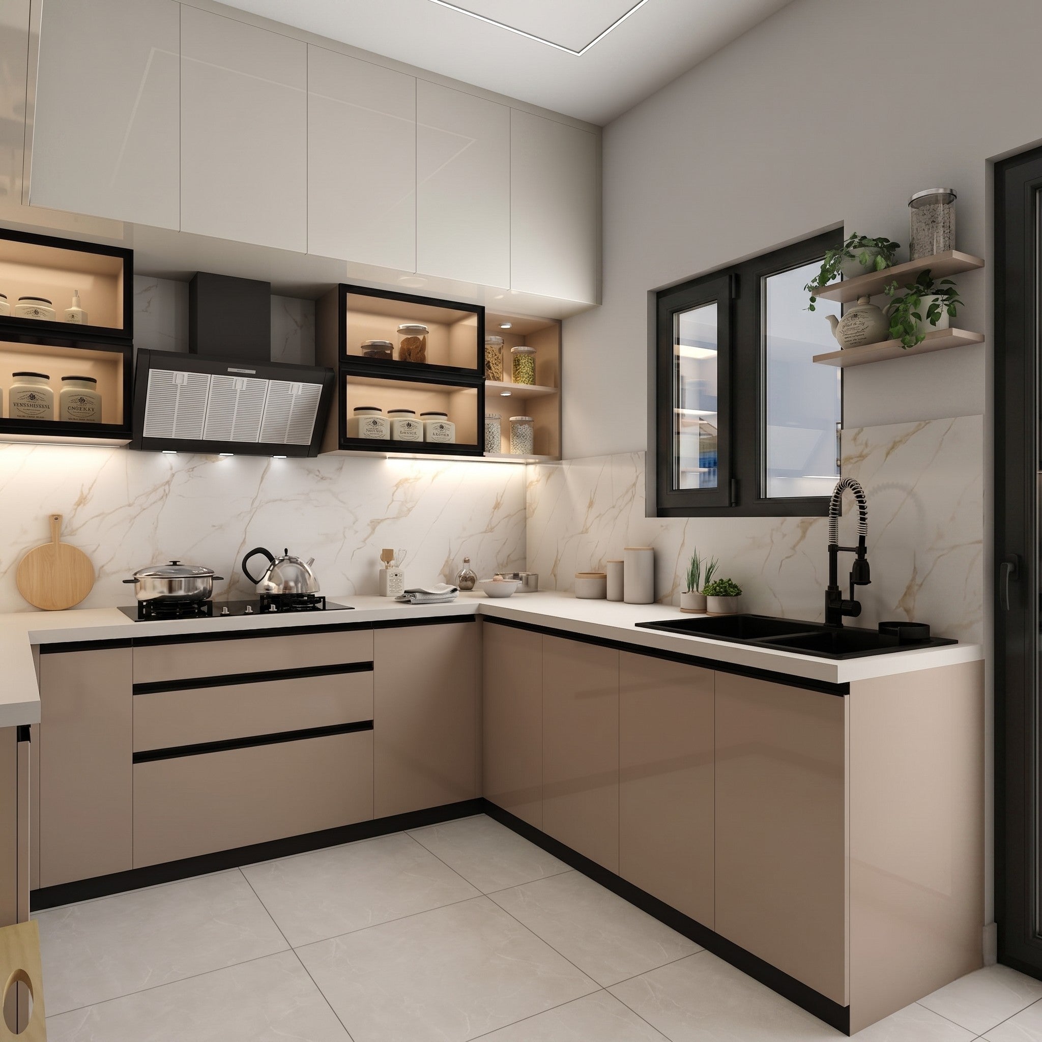 Latte Gloss L-Shaped Modular Kitchen with Black-Framed Open Display Cabinets, White Marble Backsplash, Black Matte Tap and Window Shelf