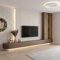 White Marble & Walnut TV Wall Unit with Curved Floating Console, Tall Display Cabinet and LED Base Lighting