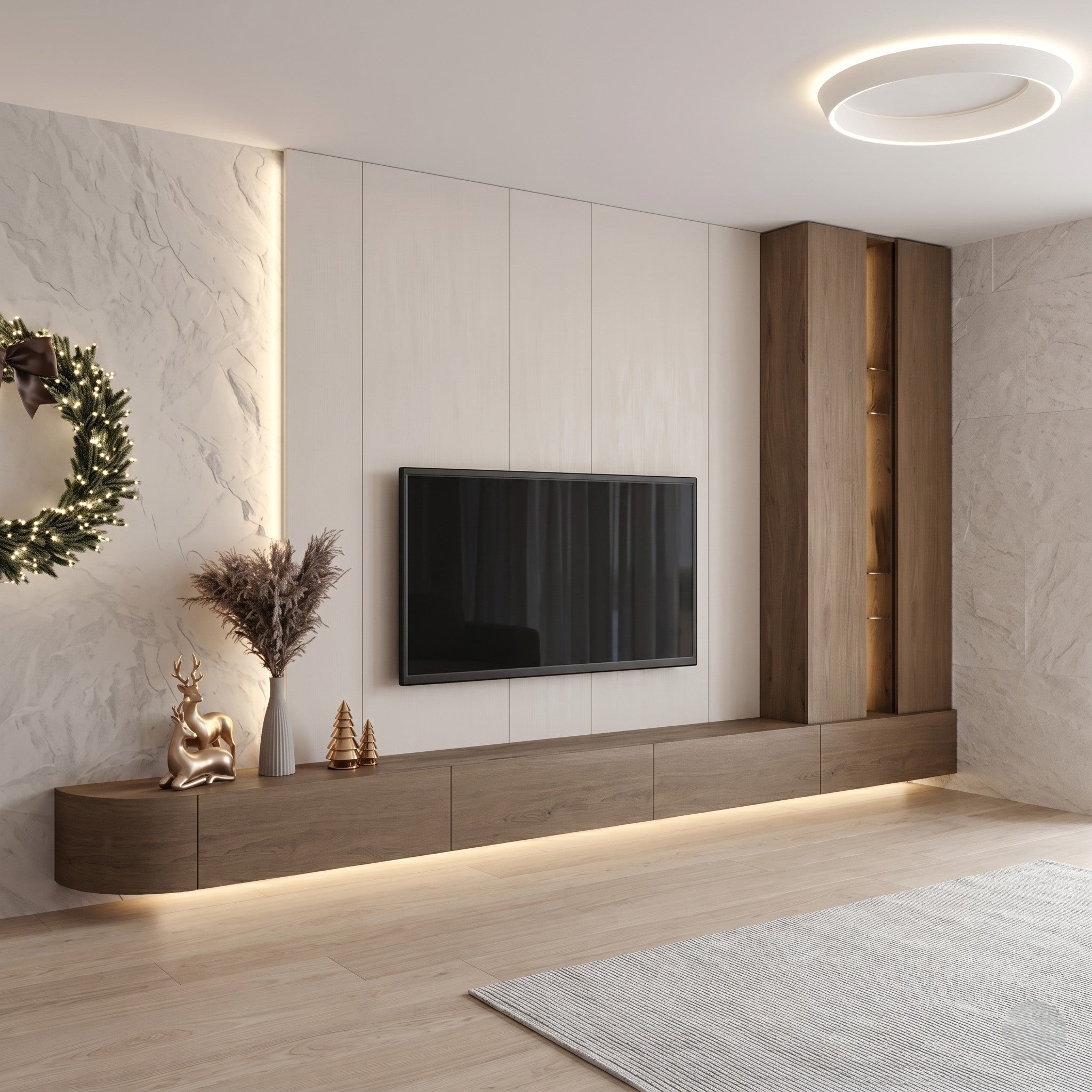 White Marble & Walnut TV Wall Unit with Curved Floating Console, Tall Display Cabinet and LED Base Lighting
