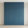 Petrol Blue Matte Four-Door Wardrobe with Loft Cabinets and Brushed Gold Handles