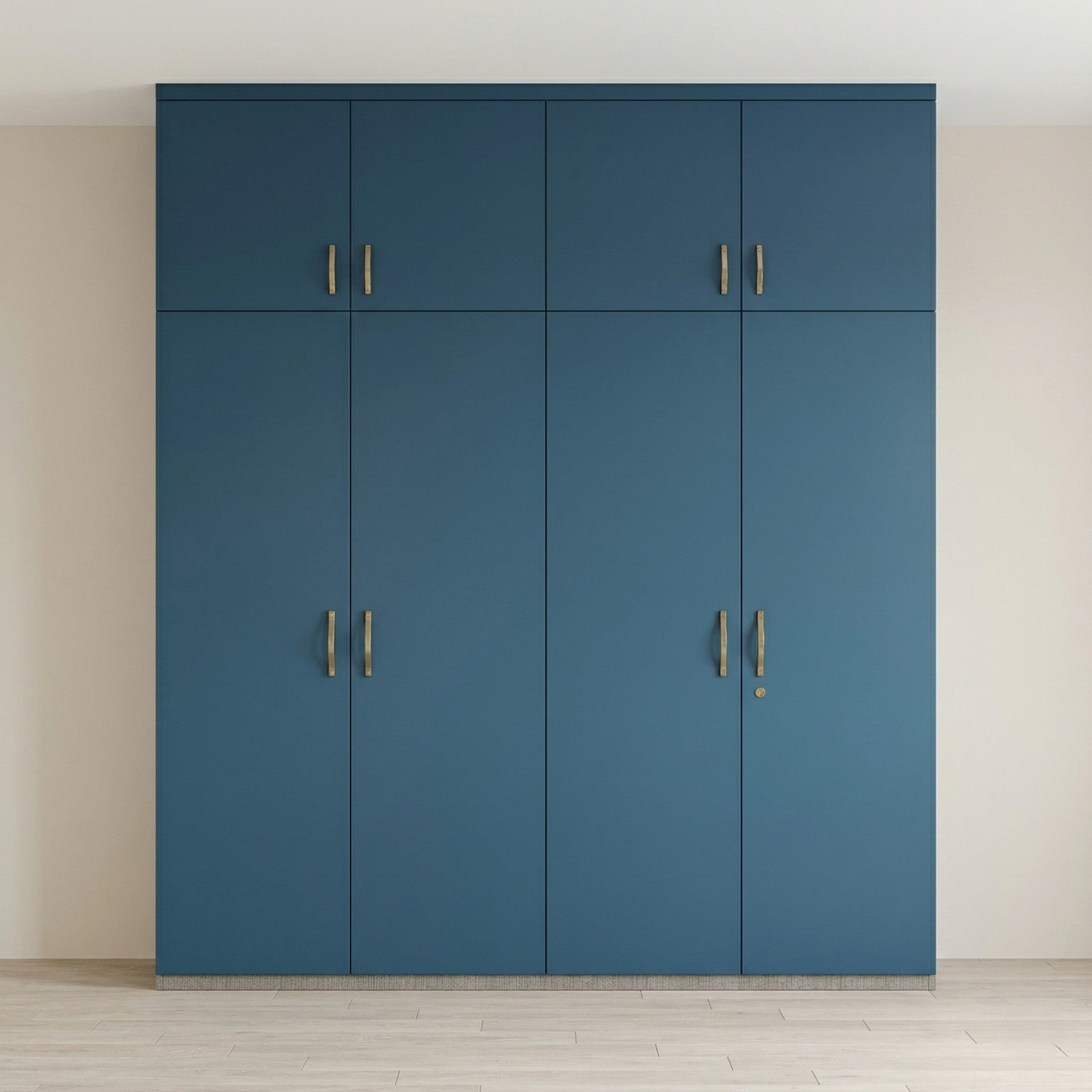 Petrol Blue Matte Four-Door Wardrobe with Loft Cabinets and Brushed Gold Handles