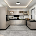 Greige Gloss U-Shaped Modular Kitchen with Black Granite Countertop, Open Display Cabinets, Frosted Glass Cabinets and Full Appliance Tower