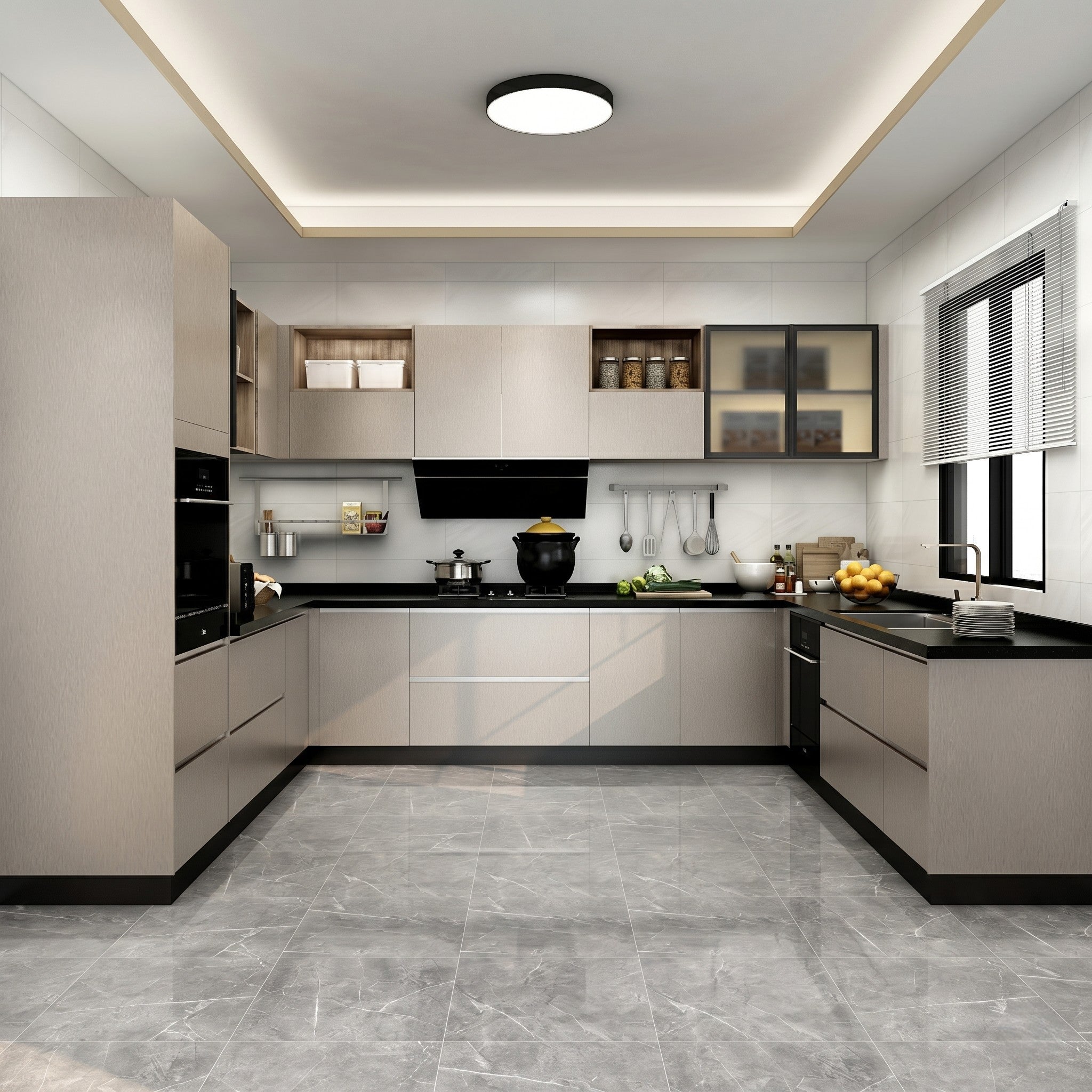 Greige Gloss U-Shaped Modular Kitchen with Black Granite Countertop, Open Display Cabinets, Frosted Glass Cabinets and Full Appliance Tower