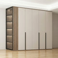 Greige & Walnut Floor-to-Ceiling Wardrobe with Black Metal Handles and Open LED Display Side Unit