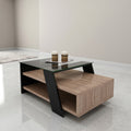 Glass-Top Coffee Table with Angled Black Frame & Oak Storage Shelf