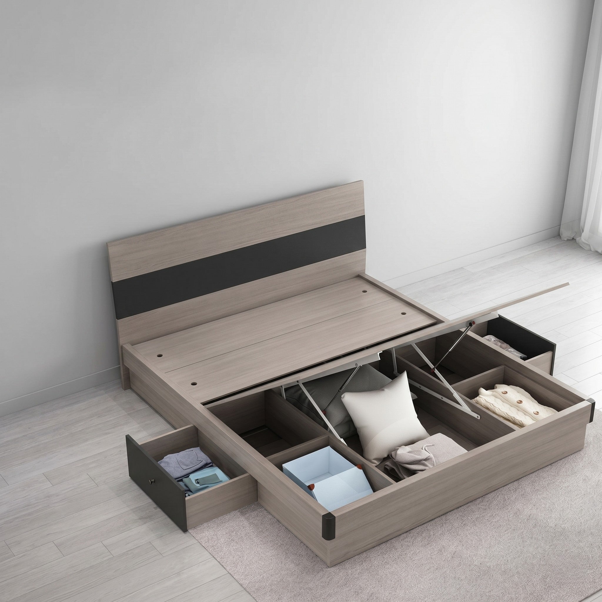 Grey Oak Hydraulic Storage Bed with Striped Headboard and Side Drawers