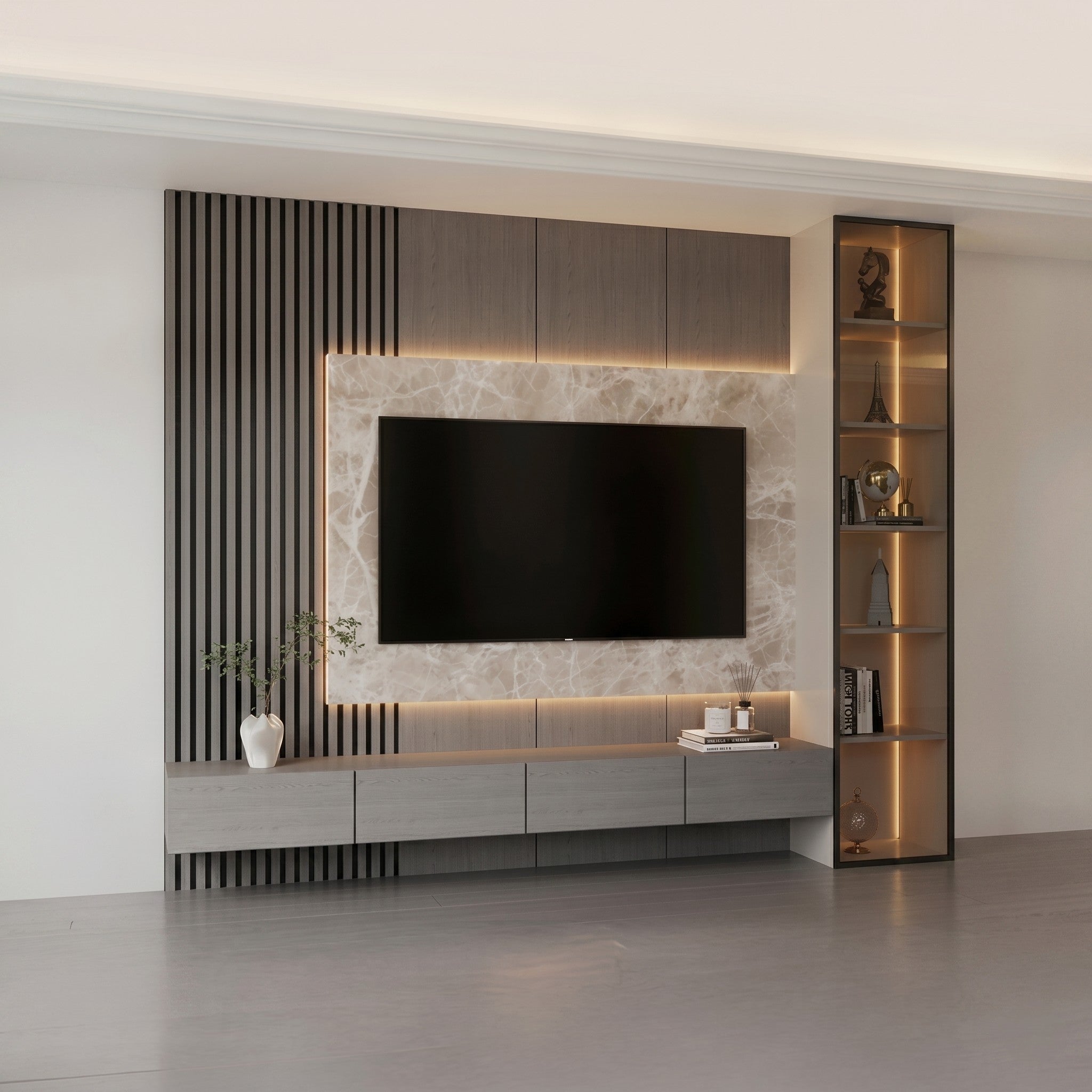 Grey & Marble Modular TV Wall Unit with Fluted Panels and Display Tower