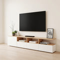Oak & White Minimalist Low-Profile TV Console with Open Shelves and Flush-Front Drawers