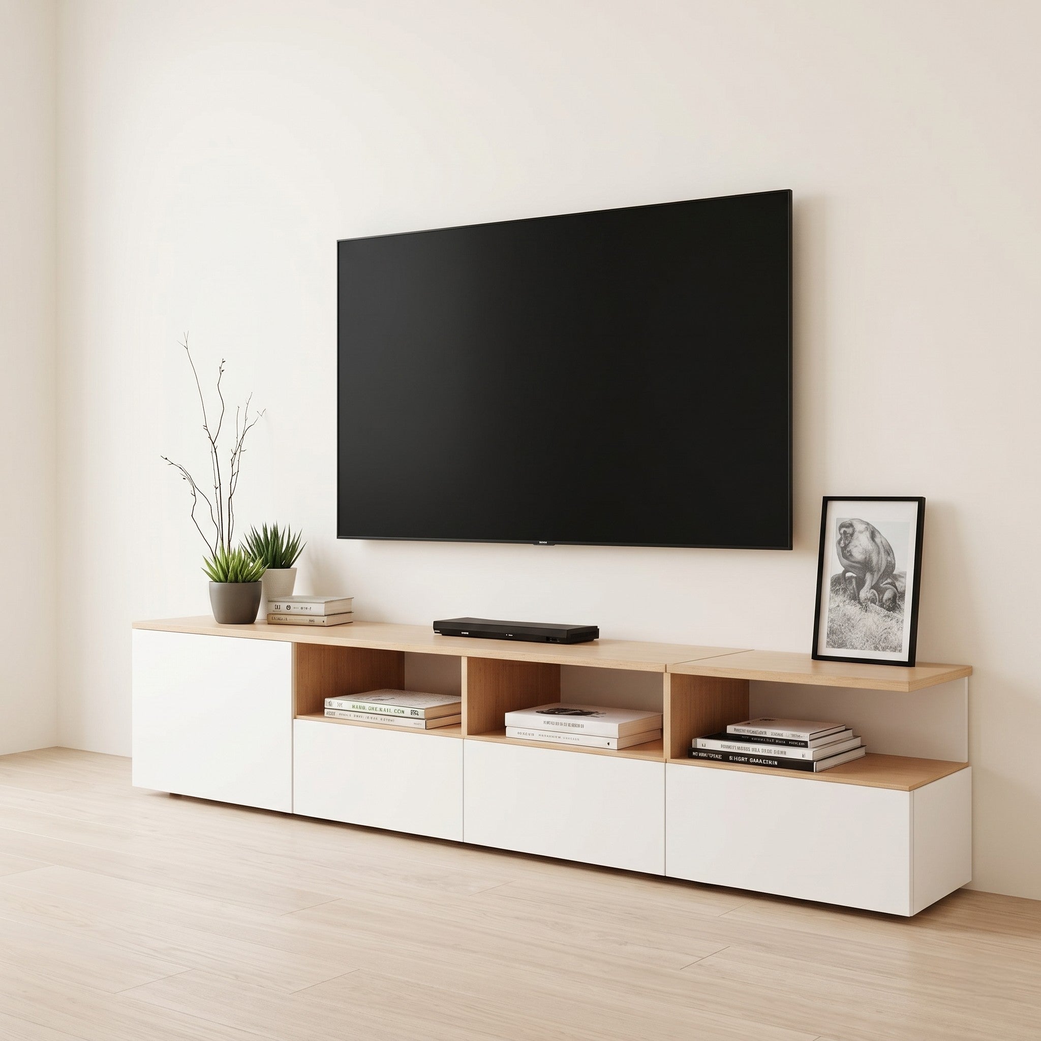 Oak & White Minimalist Low-Profile TV Console with Open Shelves and Flush-Front Drawers