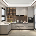 Warm Grey Gloss L-Shaped Modular Kitchen with Walnut Backsplash, LED-Lit Glass Display Cabinets, Open Floating Shelf and Integrated Appliance Tower