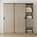 Greige Oak Two-Door Sliding Wardrobe with Open Side Shelves, Two Drawers and Black Recessed Handles