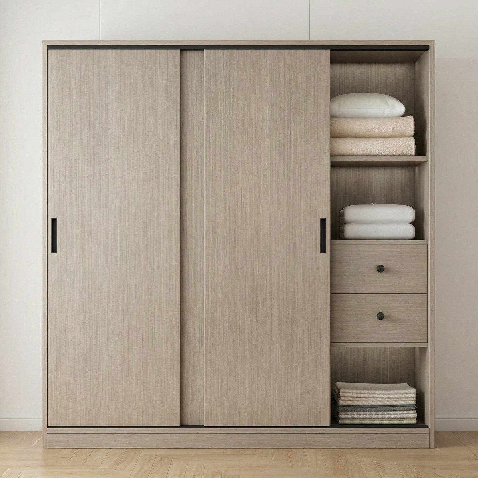 Greige Oak Two-Door Sliding Wardrobe with Open Side Shelves, Two Drawers and Black Recessed Handles
