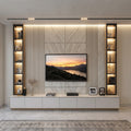 Marble & Fluted Panel TV Feature Wall with Black Metal LED Display Towers and White Floating Console