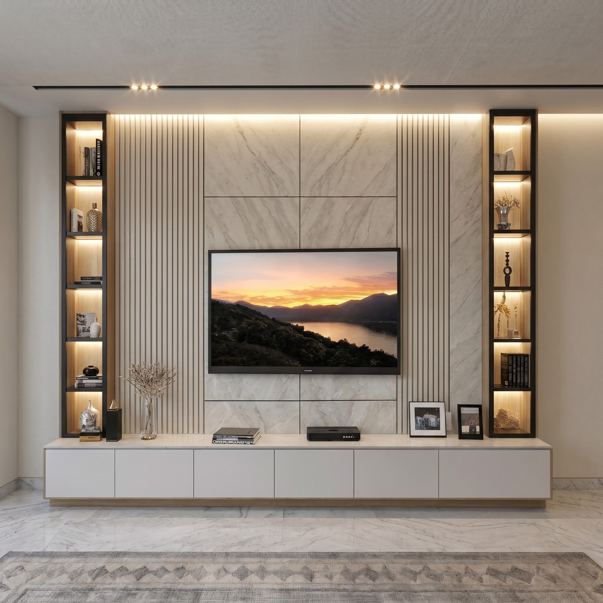 Marble & Fluted Panel TV Feature Wall with Black Metal LED Display Towers and White Floating Console