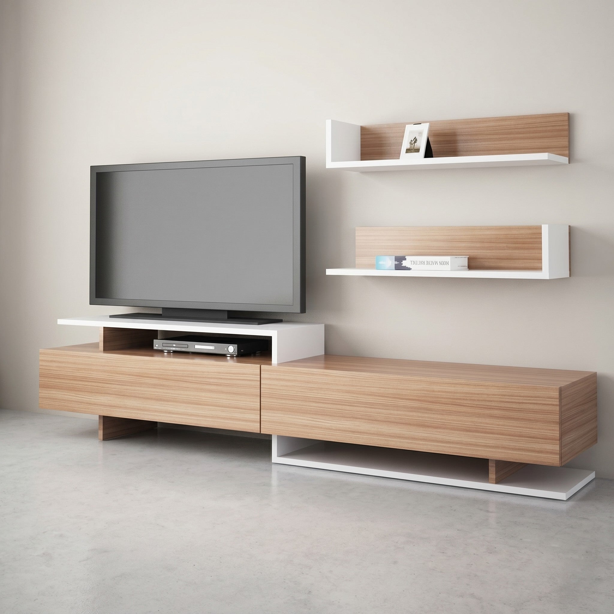Oak & White Contemporary TV Console with Floating Wall Shelves and White Metal Frame