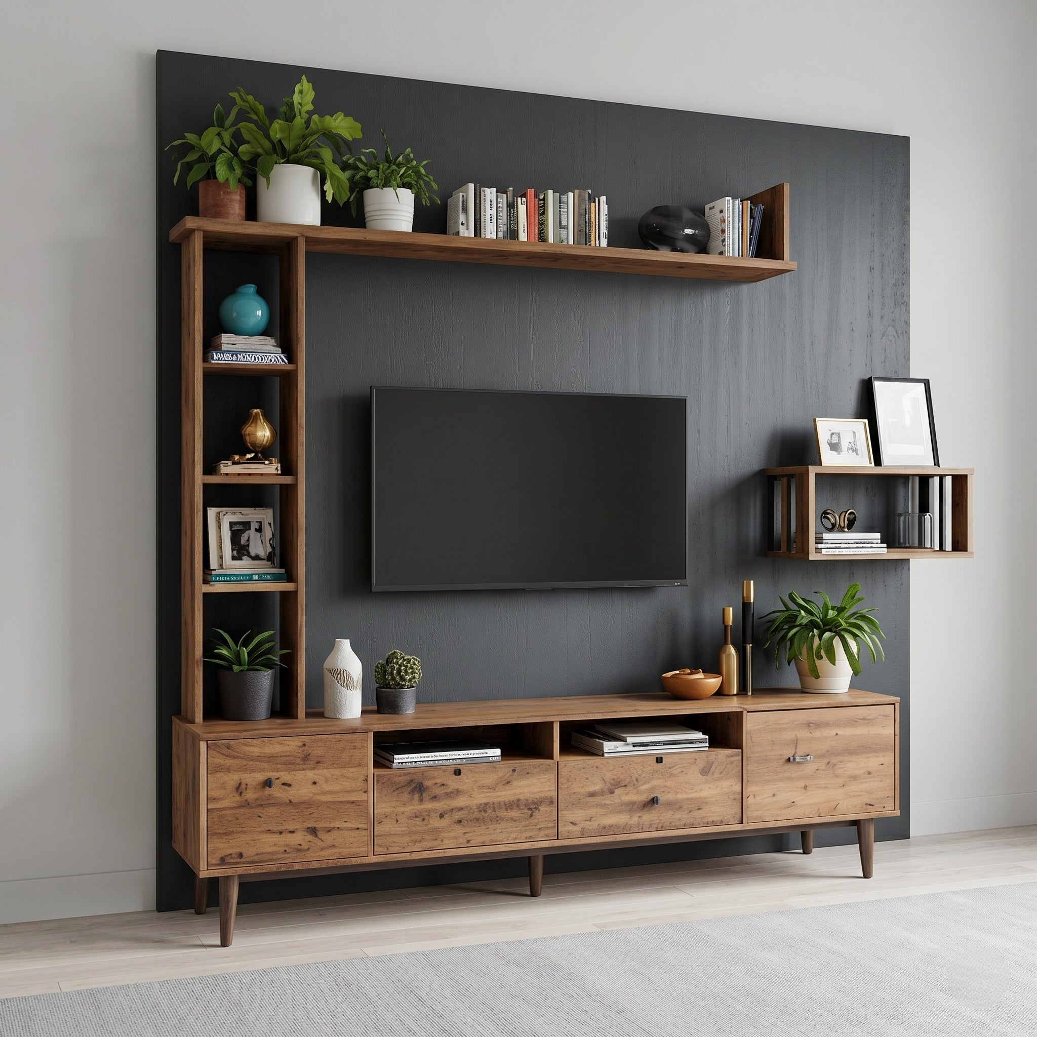 Rustic Walnut Mid-Century TV Wall Unit with Tall Display Tower, Full-Width Shelf and Tapered Leg Console