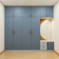 Steel Blue Wardrobe with Loft Cabinets, Integrated Oak Slat Dressing Nook, Round LED Mirror and Drawers
