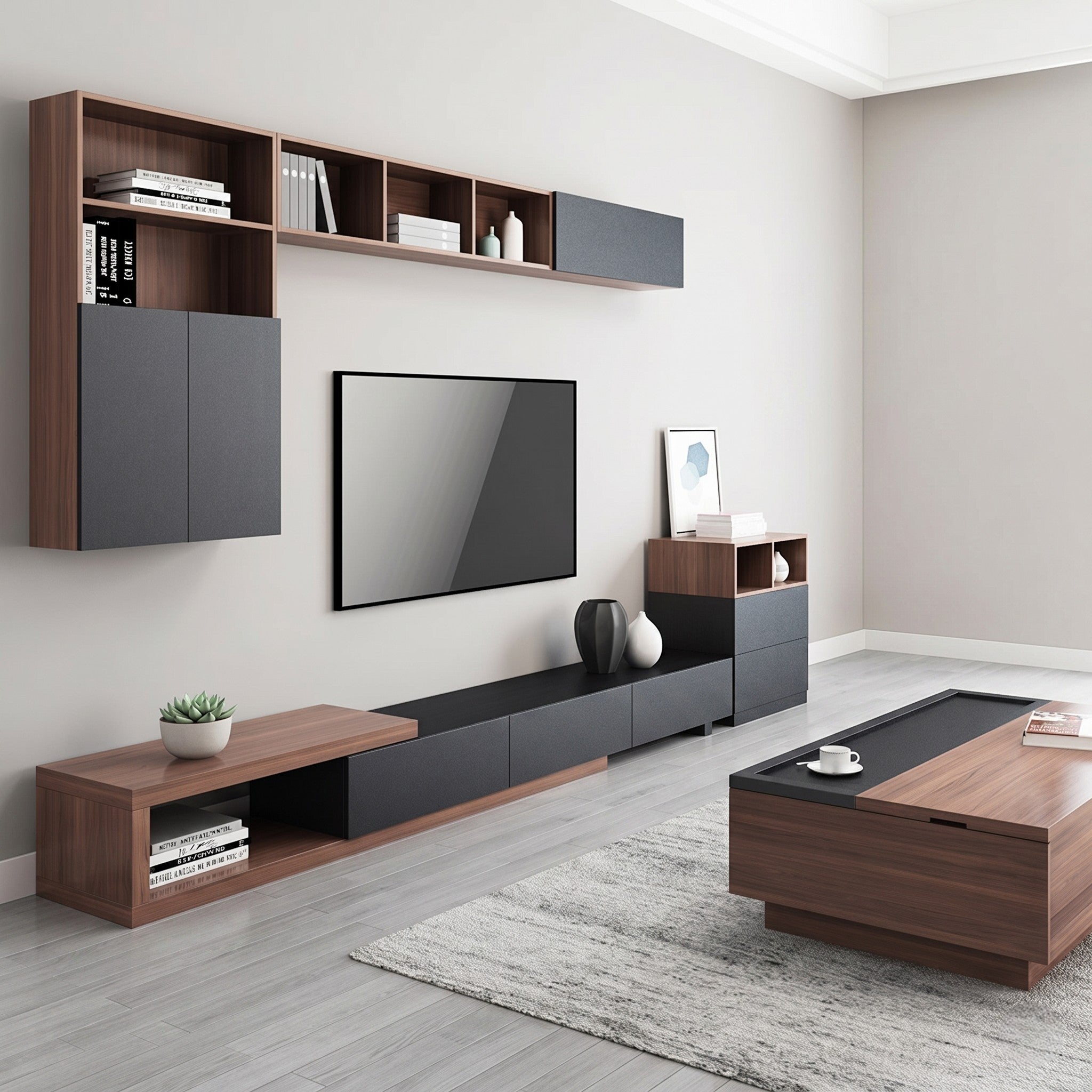 Walnut & Graphite Complete Living Room TV Wall System with Wall Cabinets, Side Unit and Coffee Table
