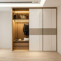 Cream & Mocha Two-Tone Sliding Wardrobe with Illuminated Walnut Interior, Hanging Rail, Shoe Shelf and Base Drawers