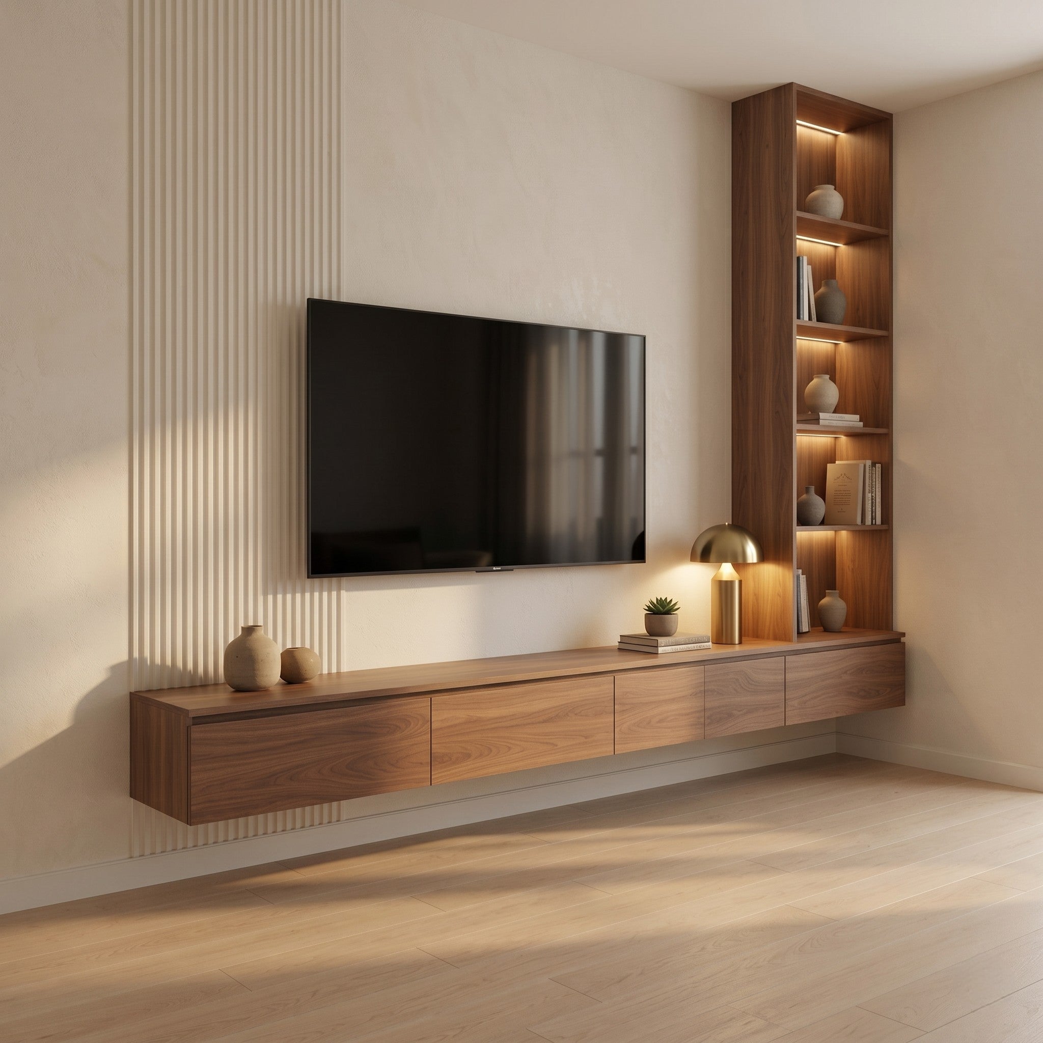 Walnut Floating TV Console with Fluted Wall Panel and Corner LED Display Tower
