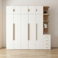White & Oak Four-Door Wardrobe with Loft Cabinets, Curved Open Side Tower and Four Base Drawers