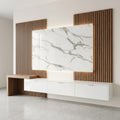 Walnut Fluted Slat & Calacatta Marble Backlit TV Feature Wall with White Floating Console