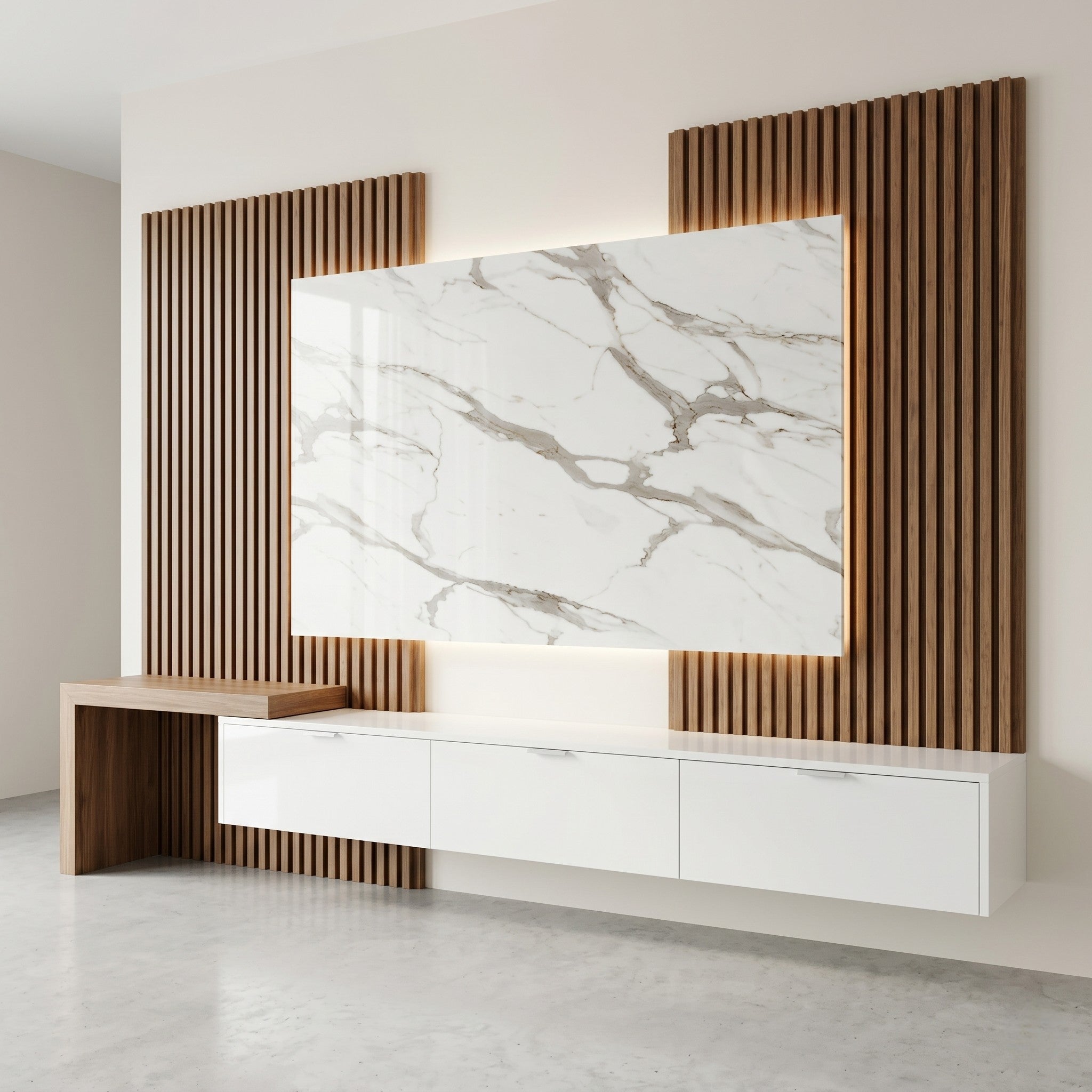 Walnut Fluted Slat & Calacatta Marble Backlit TV Feature Wall with White Floating Console