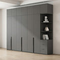 Charcoal Grey Floor-to-Ceiling Wardrobe with Loft Cabinets, Open Side Display Tower and Three Base Drawers