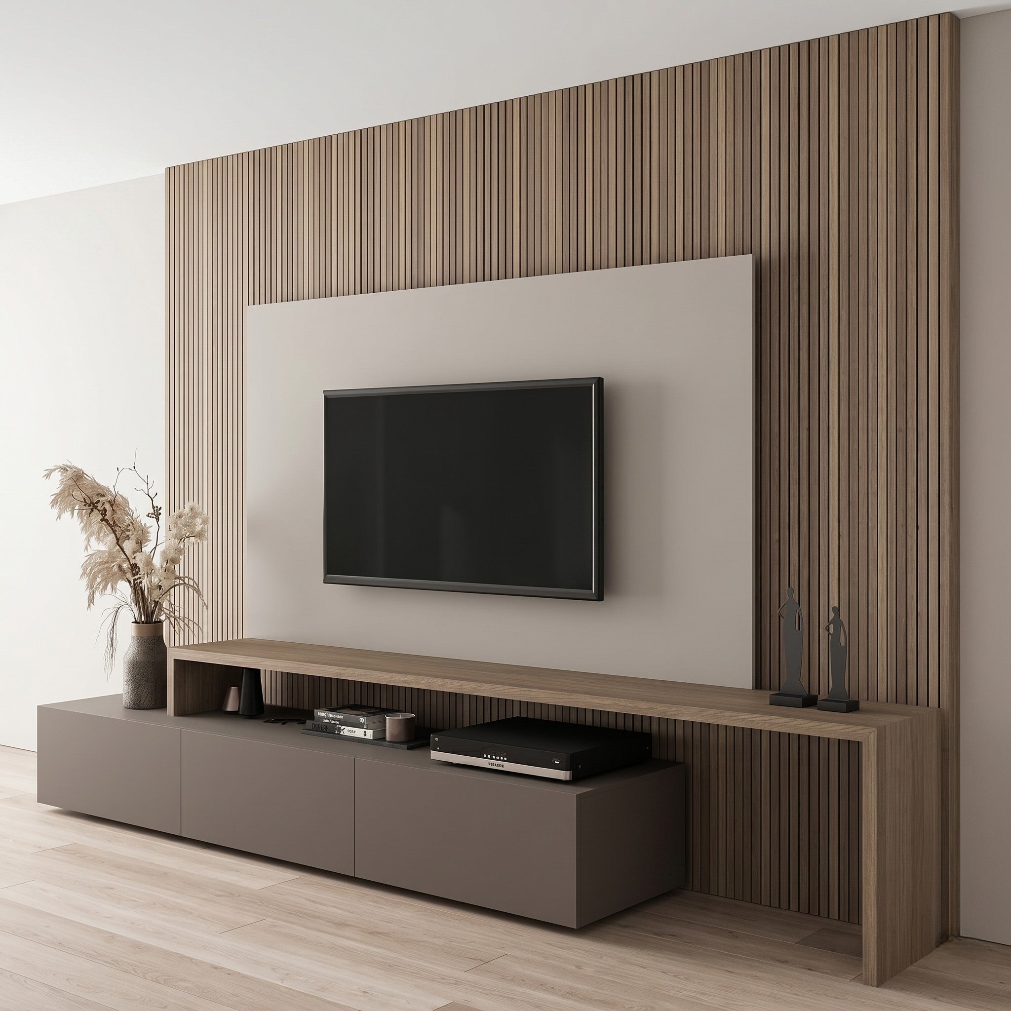 Oak Fluted Slat Full-Wall TV Panel with Recessed Niche and Mocha Floating Media Console