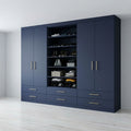 Midnight Navy Four-Door Wardrobe with Centre Open Shoe & Display Shelves, Eight Base Drawers and Gold Handles