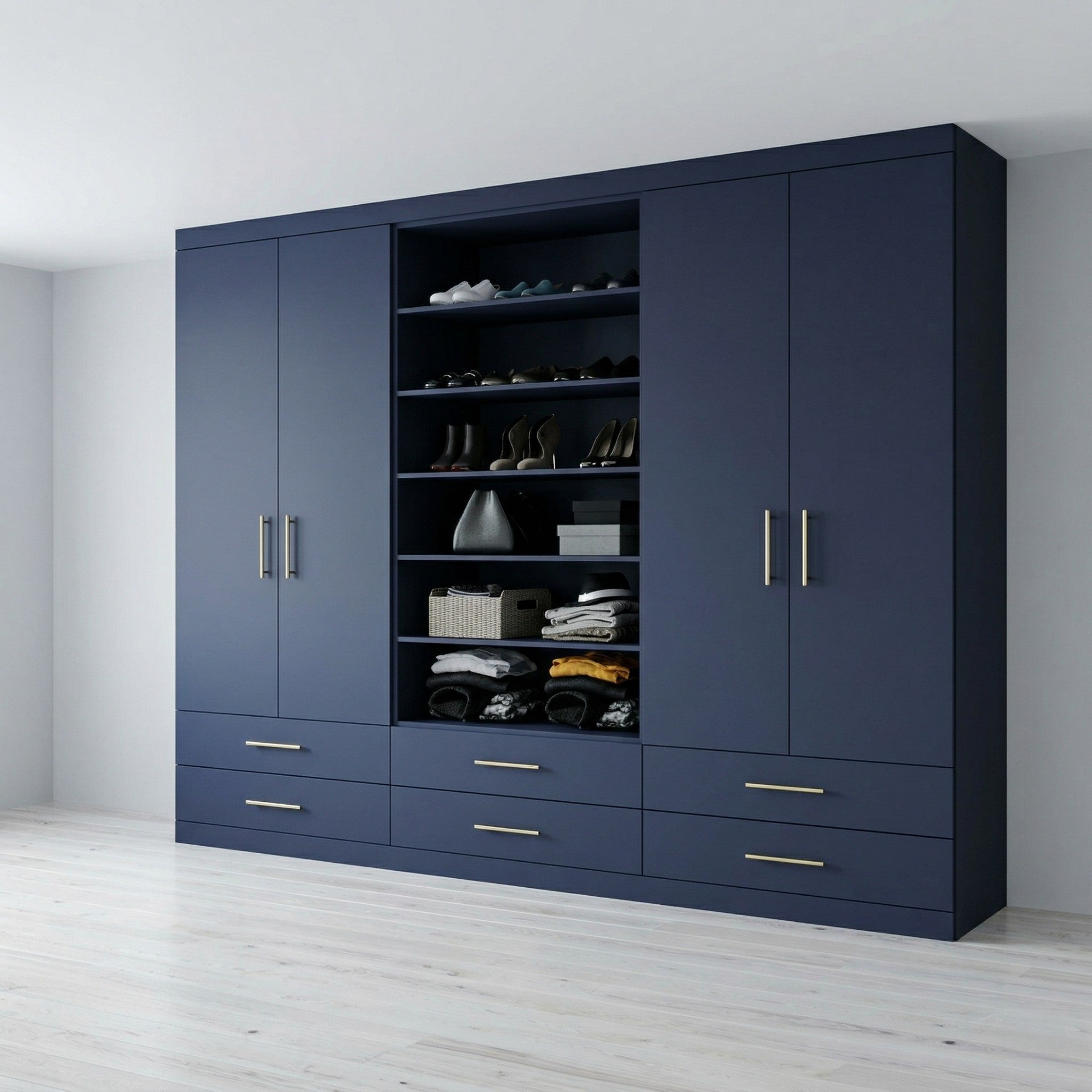 Midnight Navy Four-Door Wardrobe with Centre Open Shoe & Display Shelves, Eight Base Drawers and Gold Handles