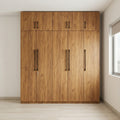 Rustic Walnut Floor-to-Ceiling Wardrobe with Loft Storage and Slim Black Metal Handles