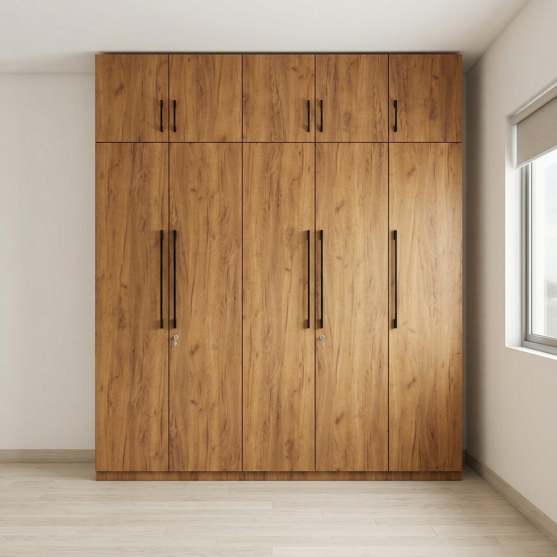 Rustic Walnut Floor-to-Ceiling Wardrobe with Loft Storage and Slim Black Metal Handles