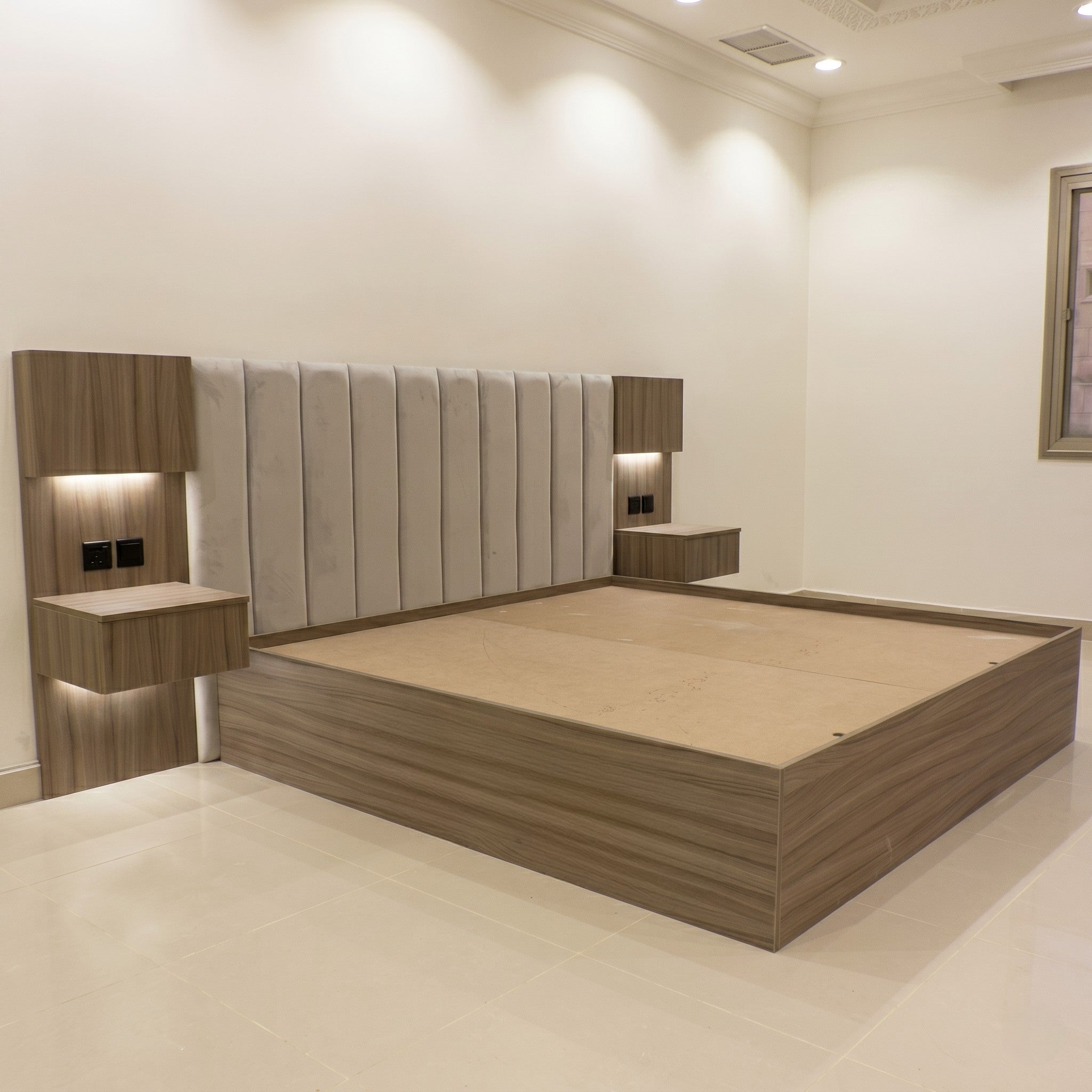 Walnut Platform Bed with Fluted Upholstered Headboard and Integrated LED Bedside Units