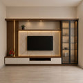 Walnut & White TV Wall Unit with Diamond Panel and Glass Display Cabinet