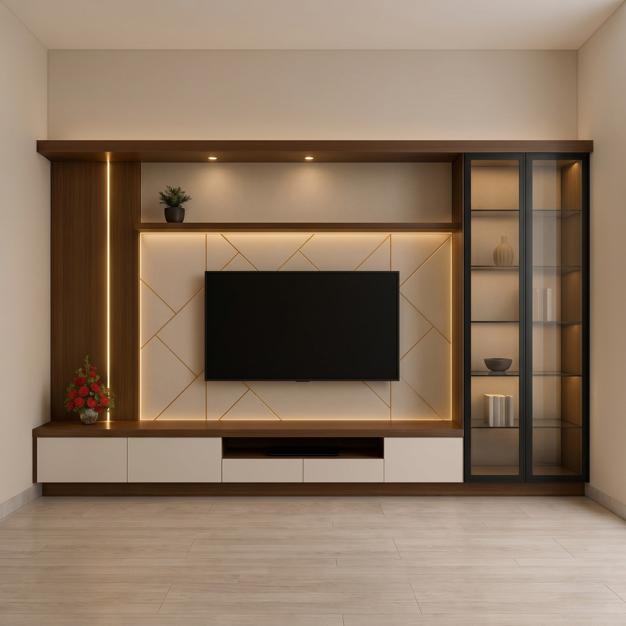 Walnut & White TV Wall Unit with Diamond Panel and Glass Display Cabinet