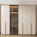 White Matte Wardrobe Wall with Fluted Glass Centre Display Unit and LED Accent Lighting
