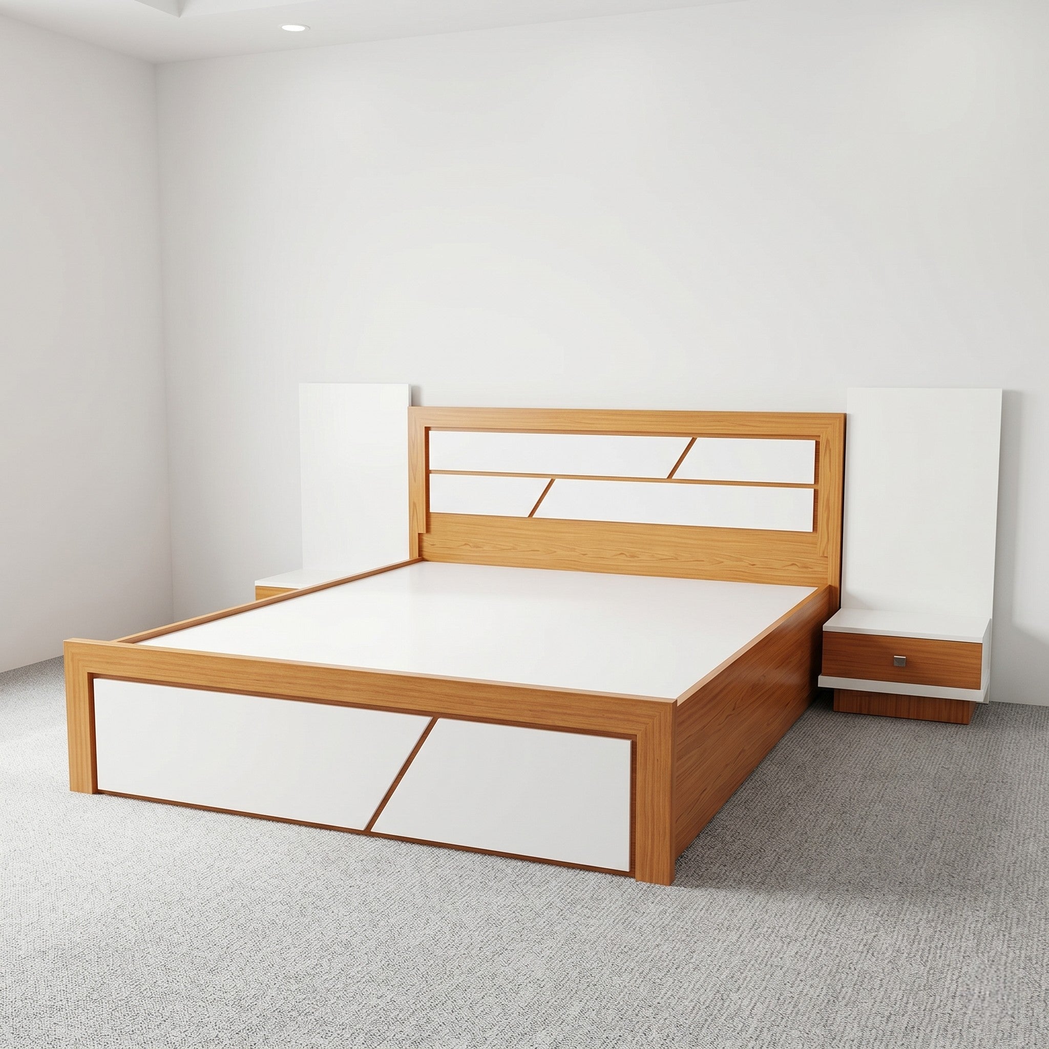 Oak & White Two-Tone Platform Bed with Geometric Headboard and Matching Bedside Tables
