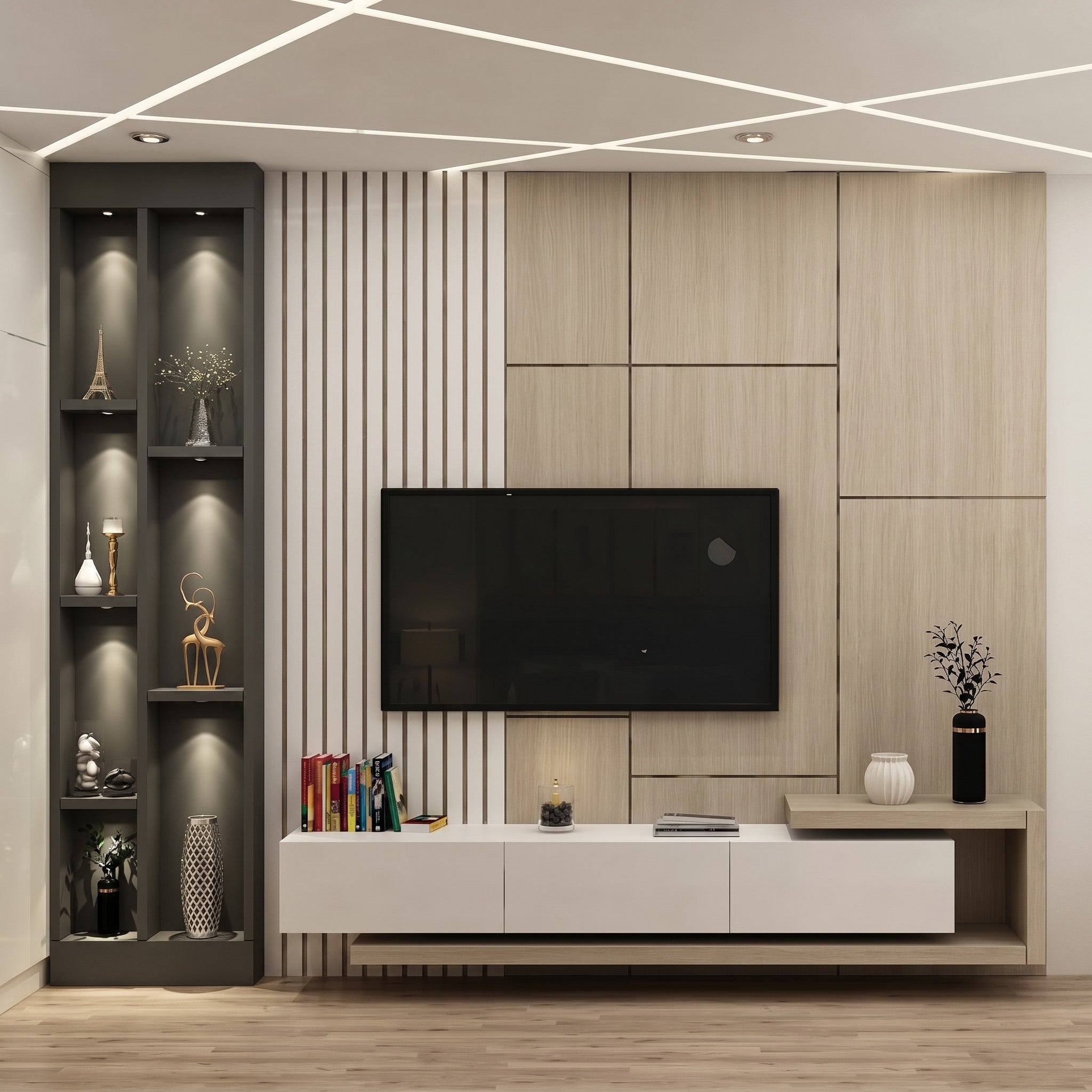 Light Oak & Charcoal Modular TV Wall Unit with Fluted Panels and Display Shelves