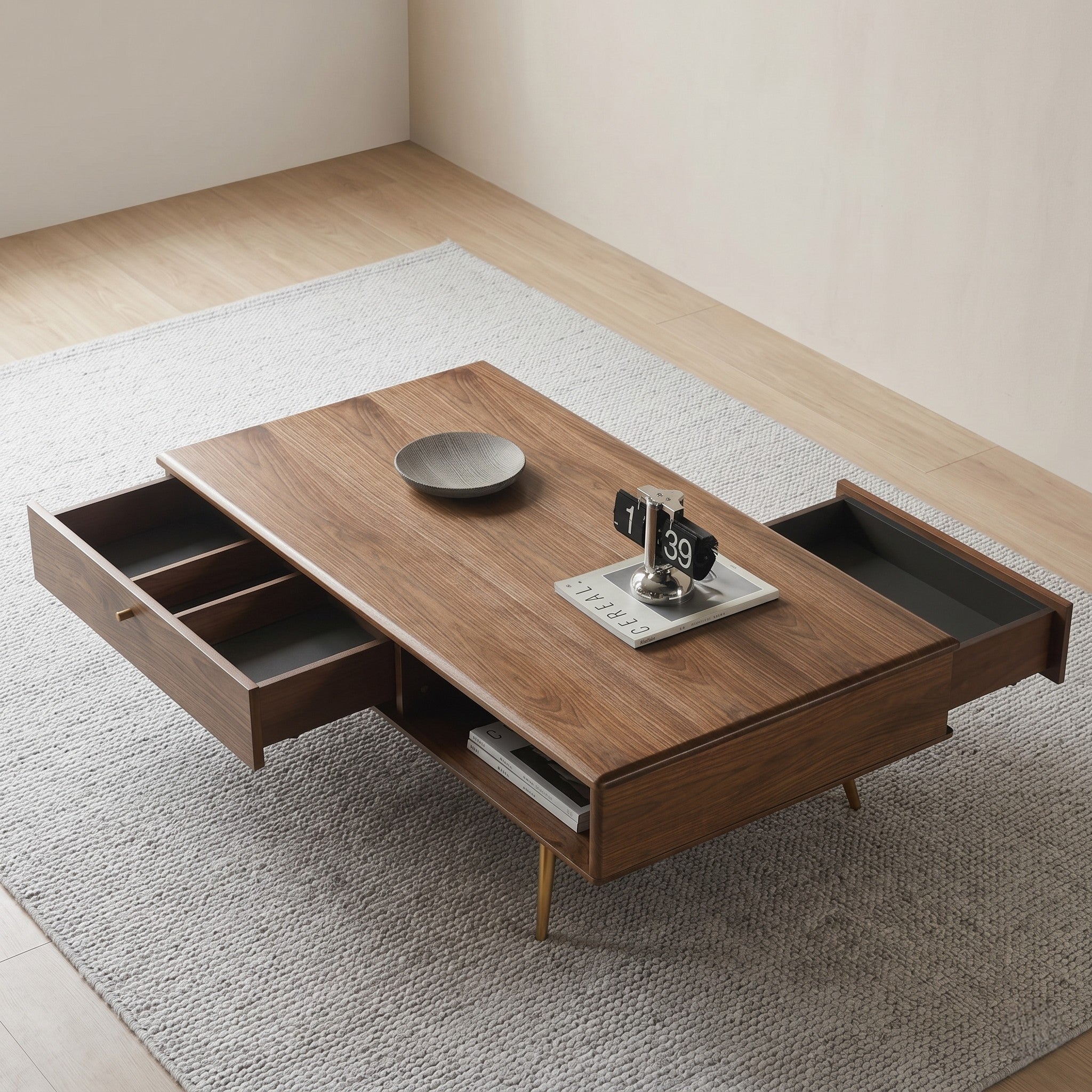Walnut Coffee Table with Dual Slide-Out Drawers, Divider Tray & Brass Legs