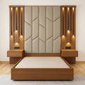 Walnut Bed with Geometric Diamond Upholstered Headboard Wall Panel and LED Slatted Bedside Towers