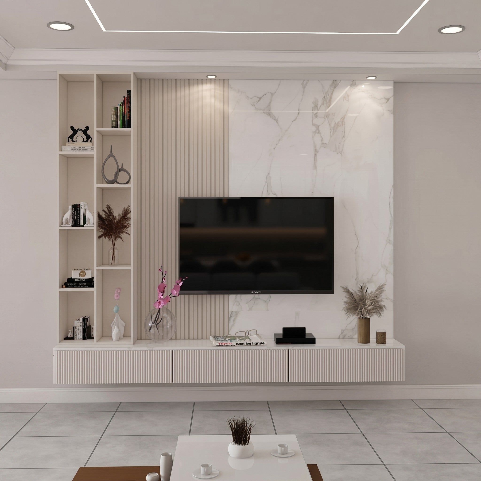 Ivory & Marble TV Wall Unit with Fluted Panels and Open Bookshelf
