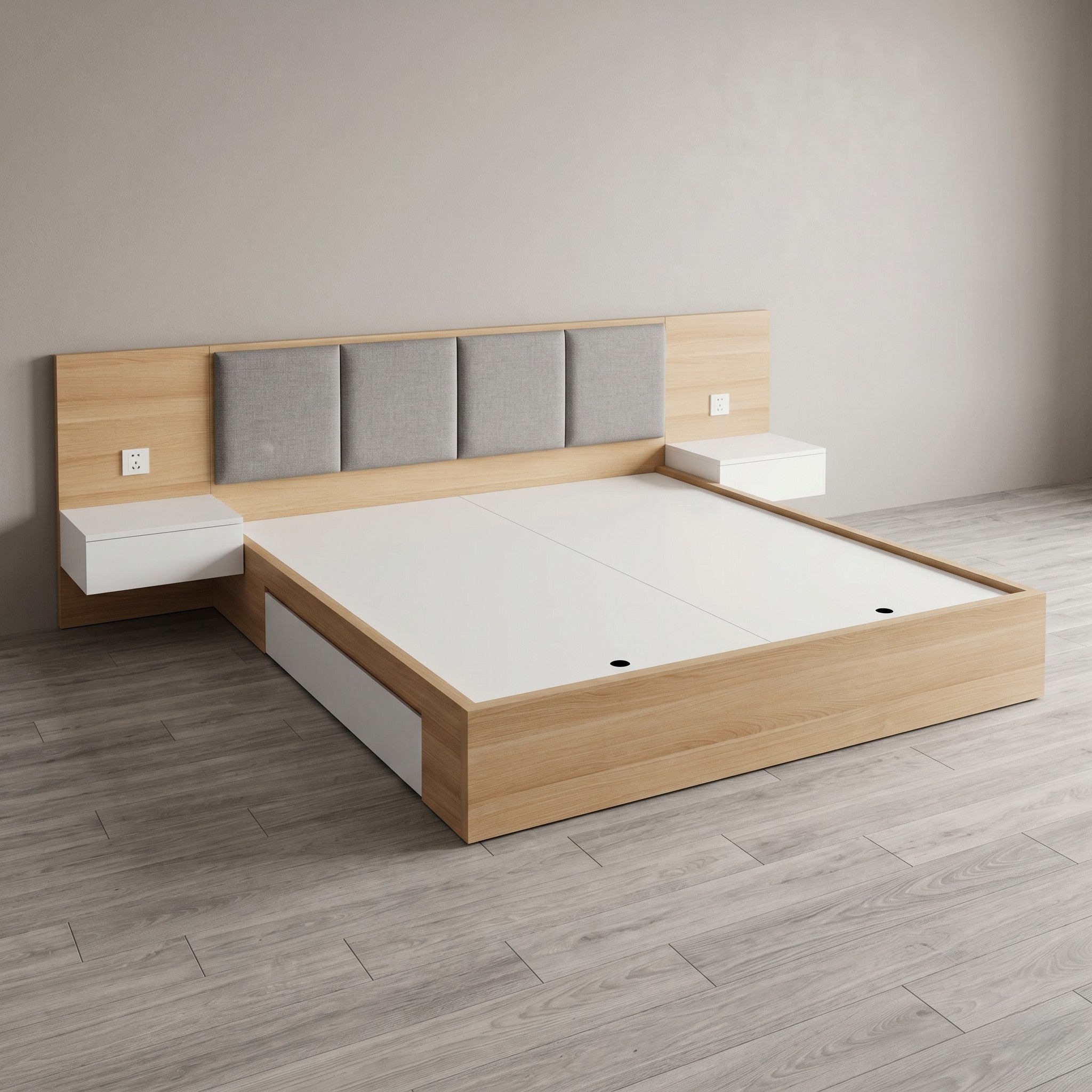 Light Oak Scandinavian Platform Bed with Padded Headboard Panels and Integrated Bedside Shelves