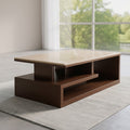 Travertine-Top Coffee Table with Dark Walnut Asymmetric Base & Open Shelves