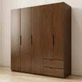 Dark Walnut Four-Door Wardrobe with Integrated Base Drawers and Recessed Grip Handles