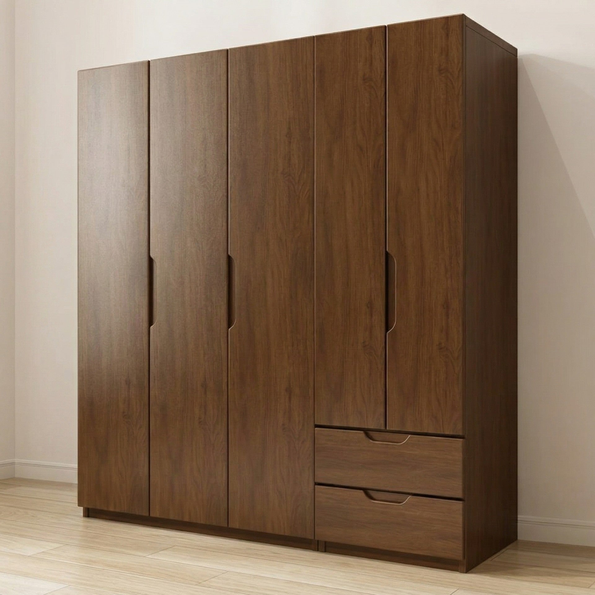 Dark Walnut Four-Door Wardrobe with Integrated Base Drawers and Recessed Grip Handles