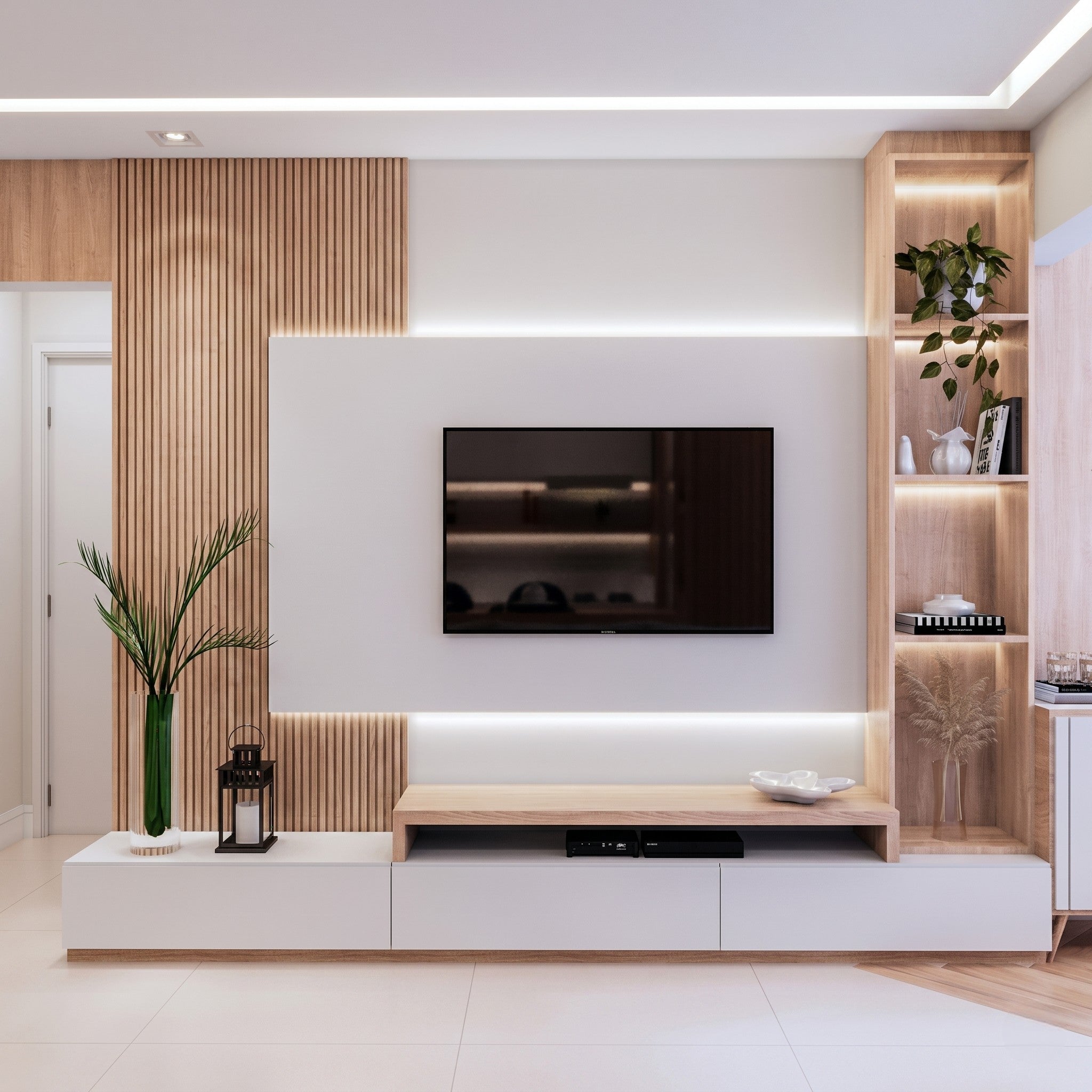 Natural Oak & White Scandinavian TV Wall Unit with Fluted Panels and LED Shelving