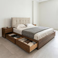 Dark Walnut Storage Bed with Tufted Linen Headboard and Under-Bed Pull-Out Drawers